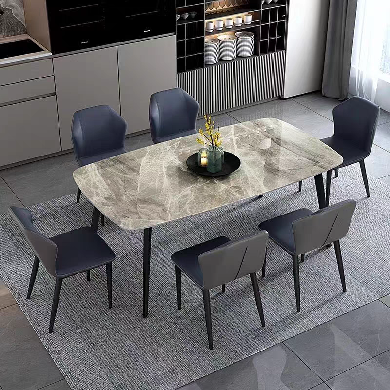 Modern Dining Table Set for 4-6 Dining Room Dinner Kitchen Rectangular Rock Slab Table Top with Metal Legs Marble Kitchen Table