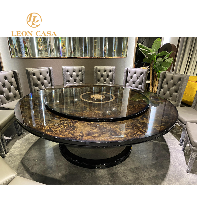 Customized high quality wooden dning table 8 seater with lazy susan large turntable luxury round wood dining table