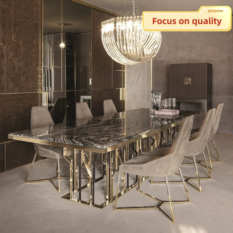 High Quality Rectangular 6 Seater Dining Table Restaurant Metal Frame Table Luxury Marble Top Dining Table Set