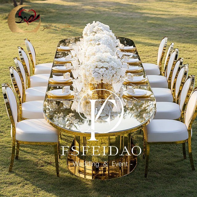 Luxurious Oval Shape Mirror Glass Gold Stainless Steel Dining Wedding Table