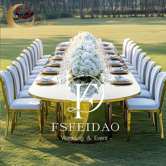 Luxurious Oval Shape Mirror Glass Gold Stainless Steel Dining Wedding Table