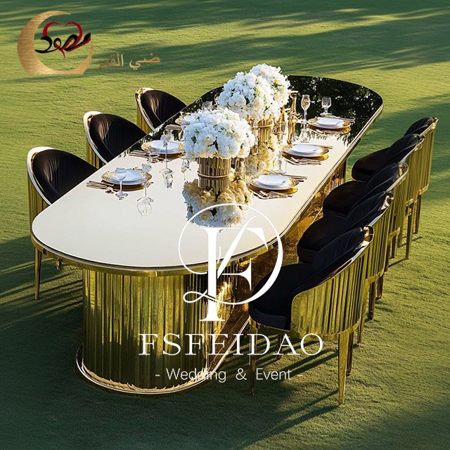 Luxurious Oval Shape Mirror Glass Gold Stainless Steel Dining Wedding Table