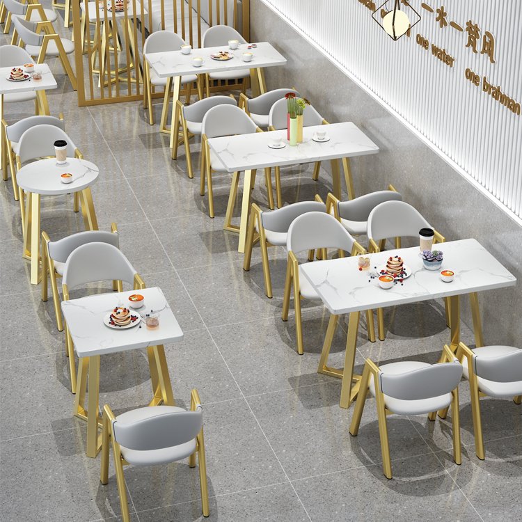 Foshan cheap fast food restaurant furniture commercial rectangular 4 seater table golden leg tables and dining chairs set