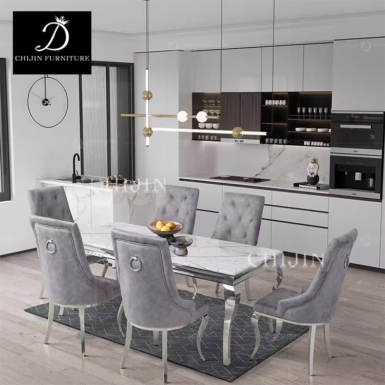 Modern Luxury Dining Table Set 6 Seat Stainless Steel Marble Restaurant Kitchen Table Furniture