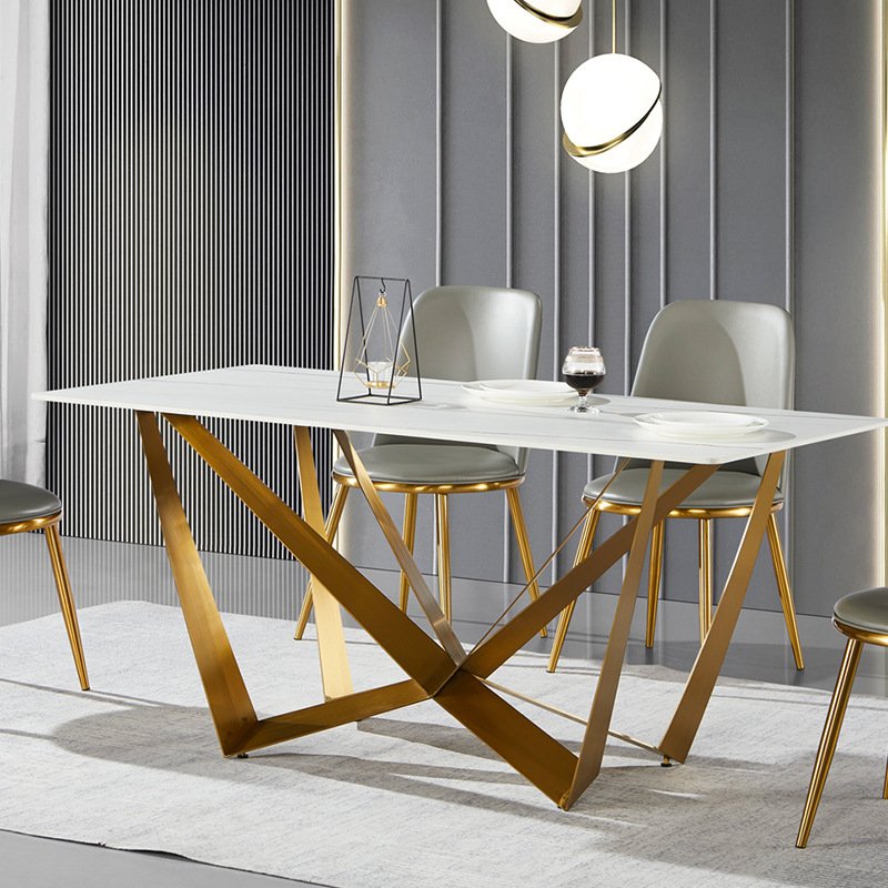 Elegant Geometric Shape Customized Gold/Back Pianted Steel Base Sintered Marble Stone Slate Top Rectangular Dining Table