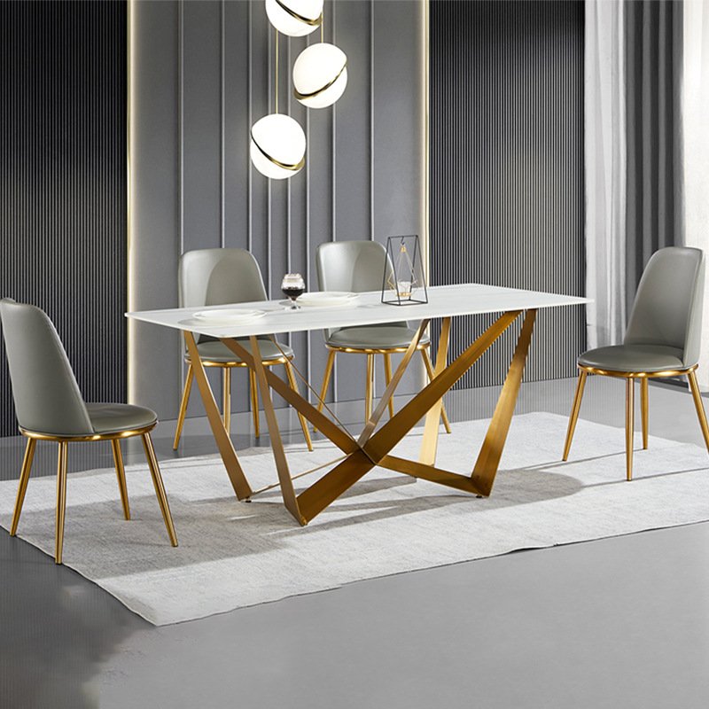 Elegant Geometric Shape Customized Gold/Back Pianted Steel Base Sintered Marble Stone Slate Top Rectangular Dining Table