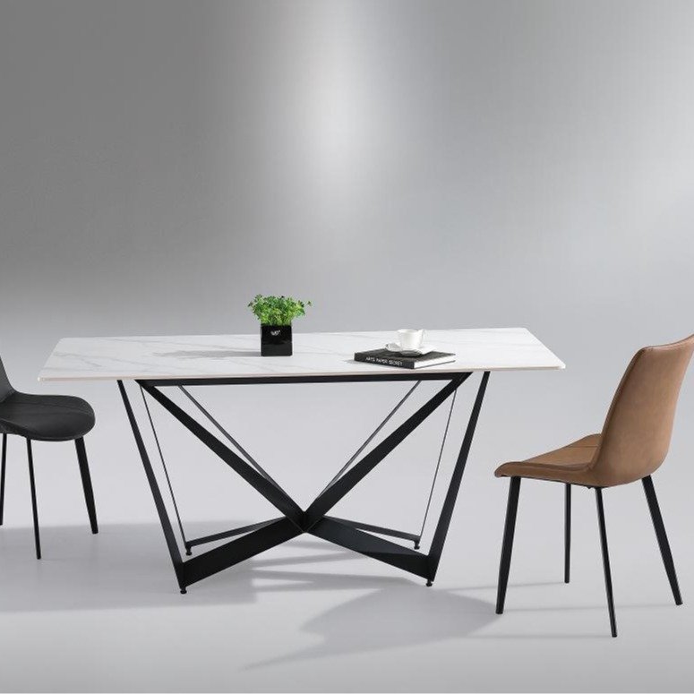 Elegant Geometric Shape Customized Gold/Back Pianted Steel Base Sintered Marble Stone Slate Top Rectangular Dining Table