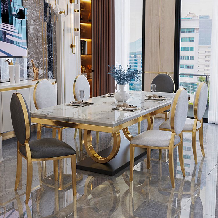 Luxury royal dining table set commercial customized gold stainless steel dining marble table