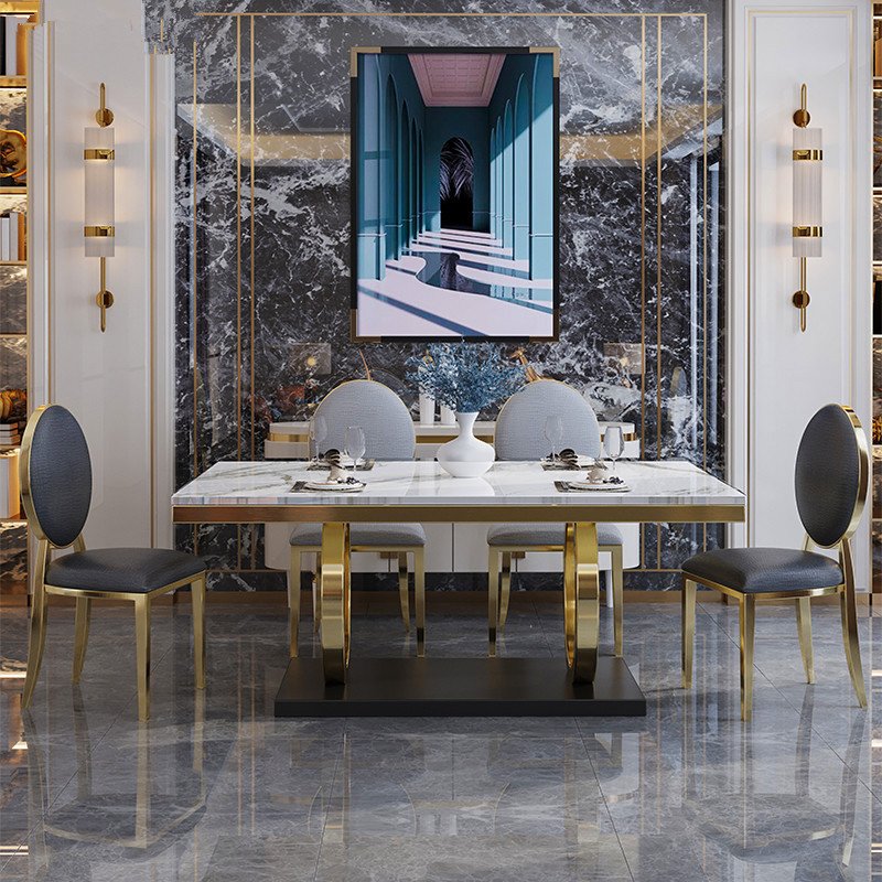 Luxury royal dining table set commercial customized gold stainless steel dining marble table