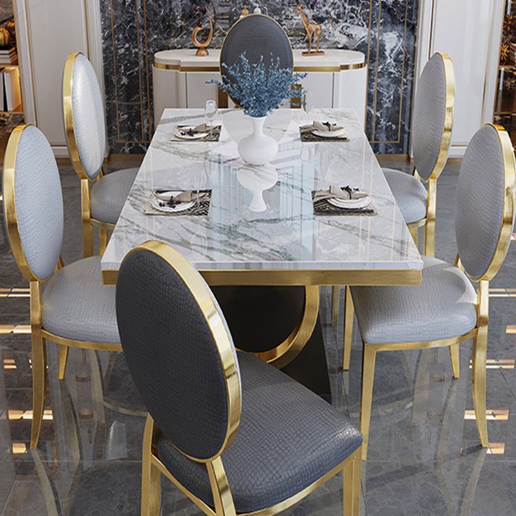 Luxury royal dining table set commercial customized gold stainless steel dining marble table