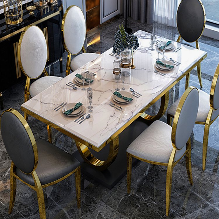 Luxury royal dining table set commercial customized gold stainless steel dining marble table