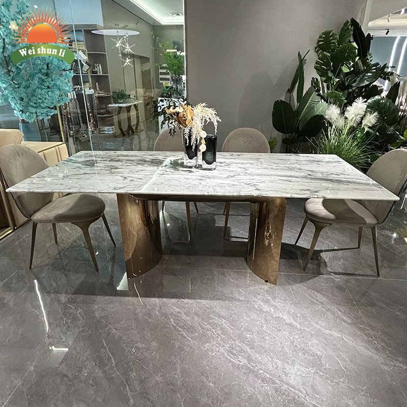 Home Furniture Dining Room Set Rectangle Dinning Table Modern Golden Stainless Steel Base Luxury Marble Dining Table And 6 Chair