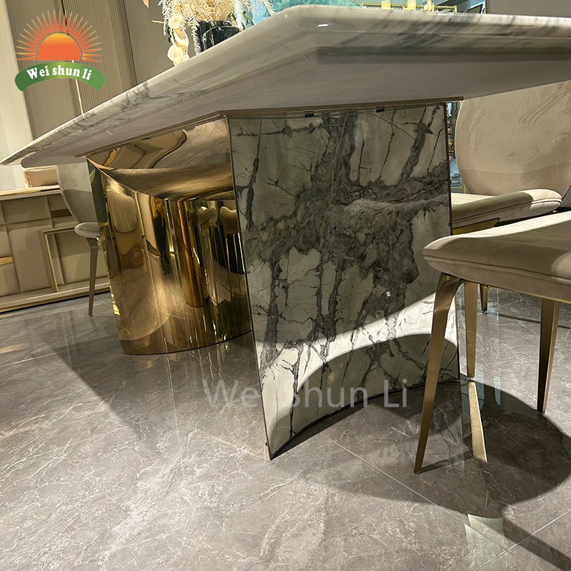 Home Furniture Dining Room Set Rectangle Dinning Table Modern Golden Stainless Steel Base Luxury Marble Dining Table And 6 Chair