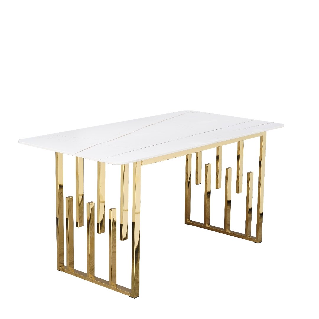 Luxury Large Size White and Gold Buffet Timber Marble Top Dining Table with Metal Frame