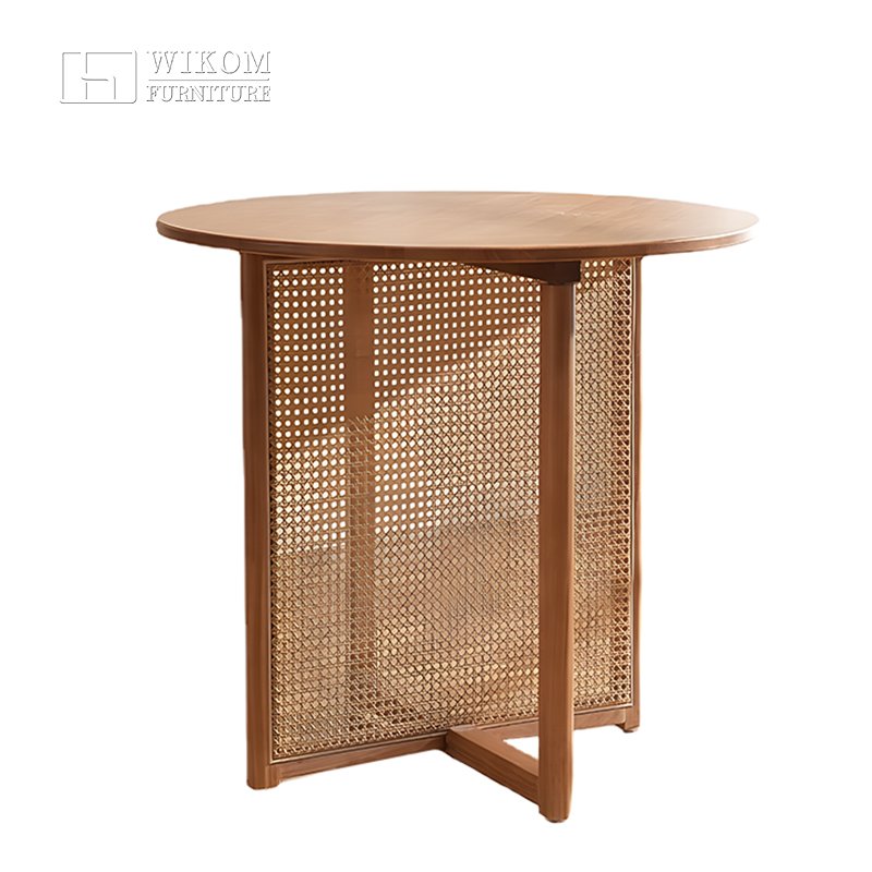 WIKOM dining room furniture wholesale Nordic style dining table natural solid wood with rattan decor round table