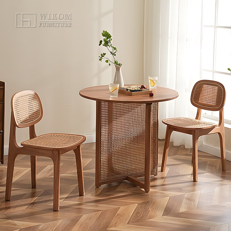 WIKOM dining room furniture wholesale Nordic style dining table natural solid wood with rattan decor round table