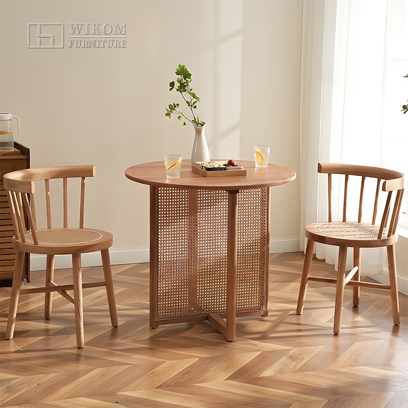 WIKOM dining room furniture wholesale Nordic style dining table natural solid wood with rattan decor round table