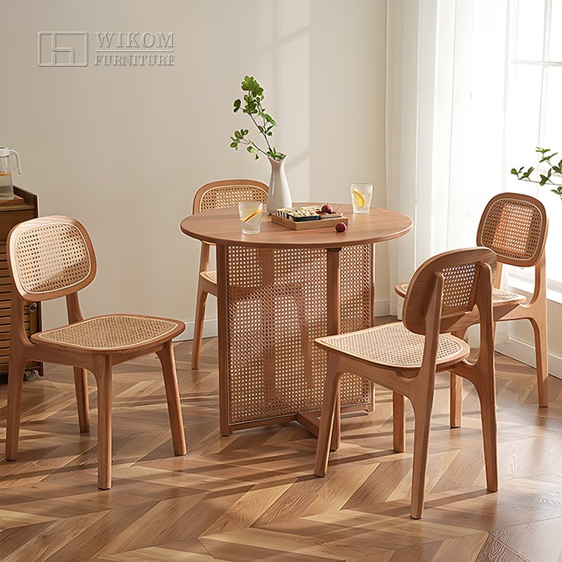 WIKOM dining room furniture wholesale Nordic style dining table natural solid wood with rattan decor round table