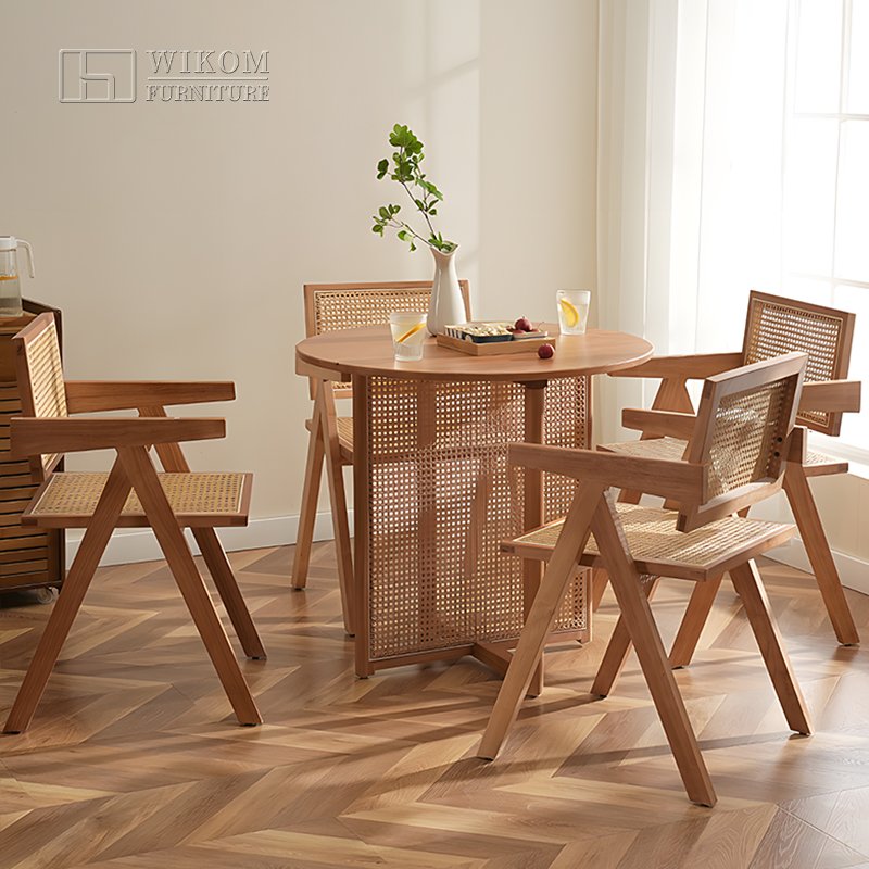 WIKOM dining room furniture wholesale Nordic style dining table natural solid wood with rattan decor round table