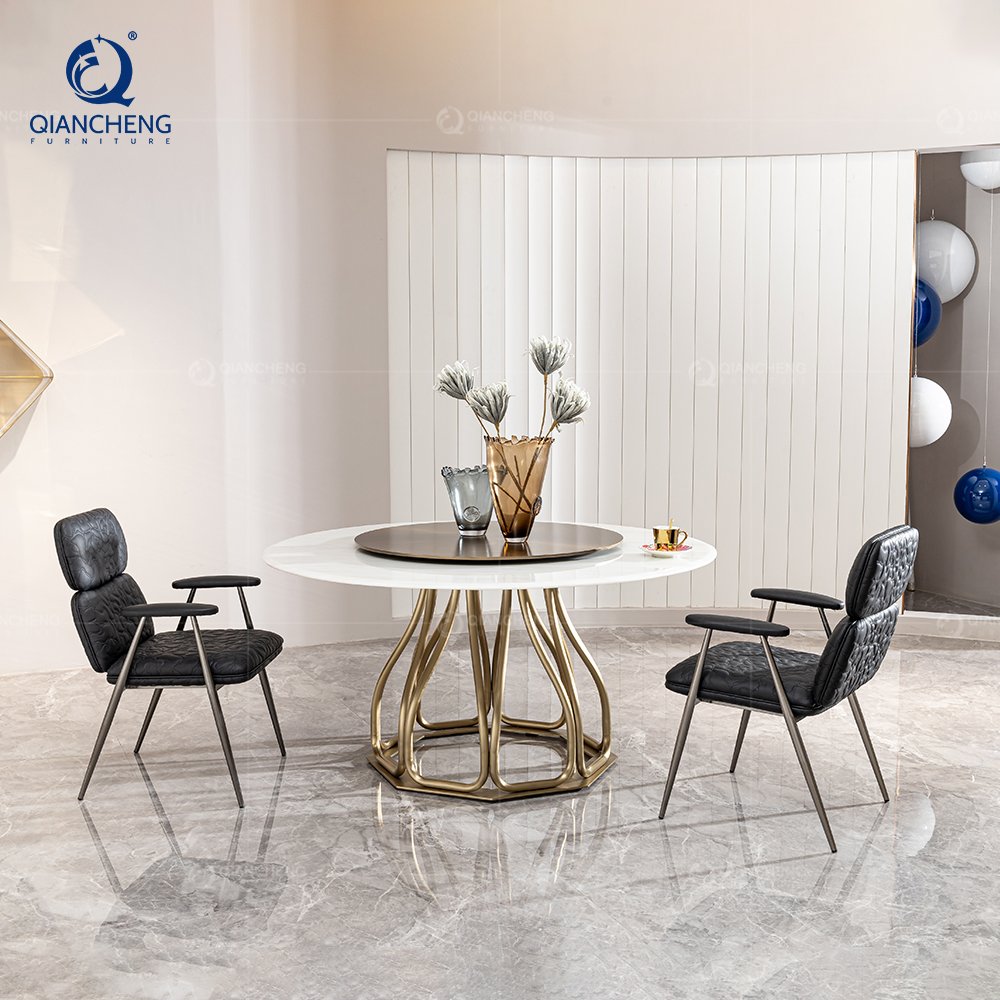 QIANCHENG chinese round rotating dining table set 6 chair dinning room set gold stainless steel french style luxury dining table