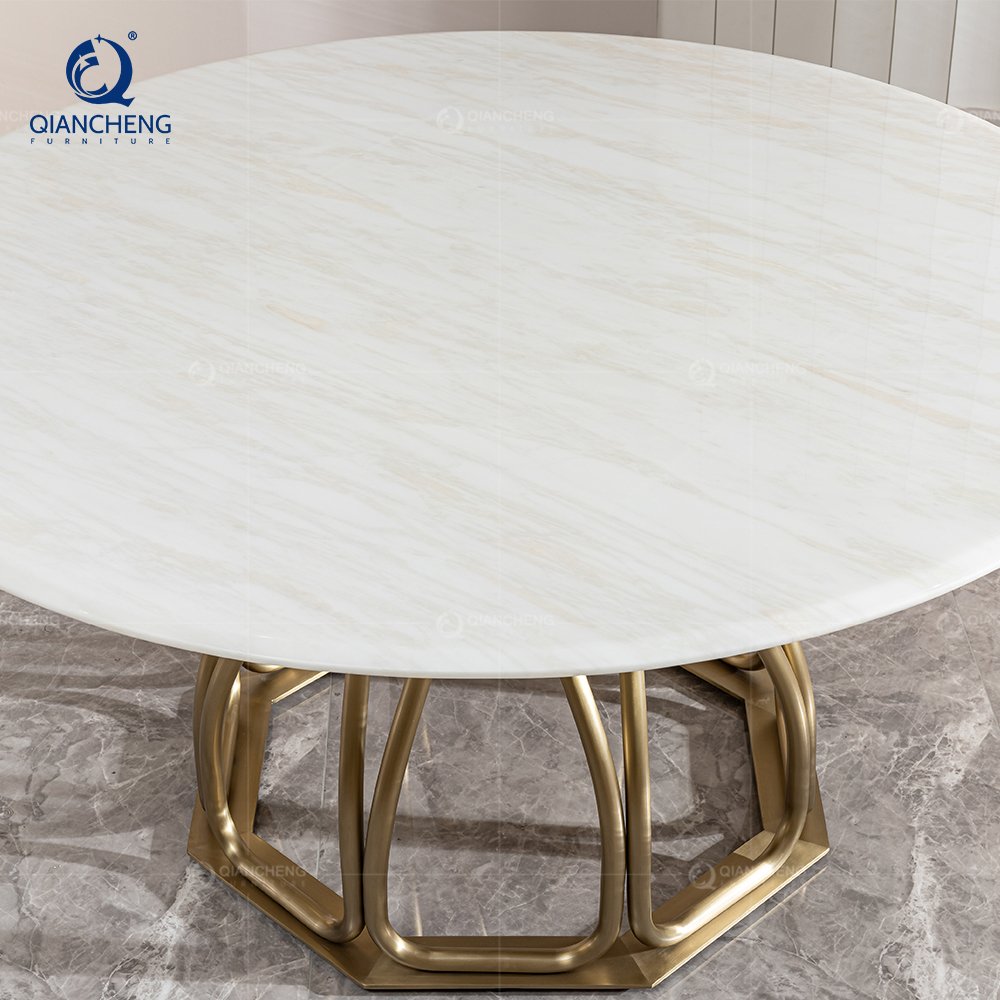 QIANCHENG chinese round rotating dining table set 6 chair dinning room set gold stainless steel french style luxury dining table