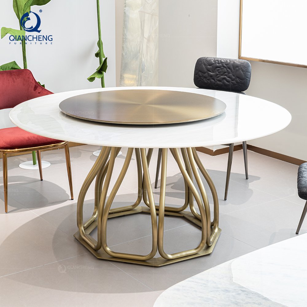 QIANCHENG chinese round rotating dining table set 6 chair dinning room set gold stainless steel french style luxury dining table