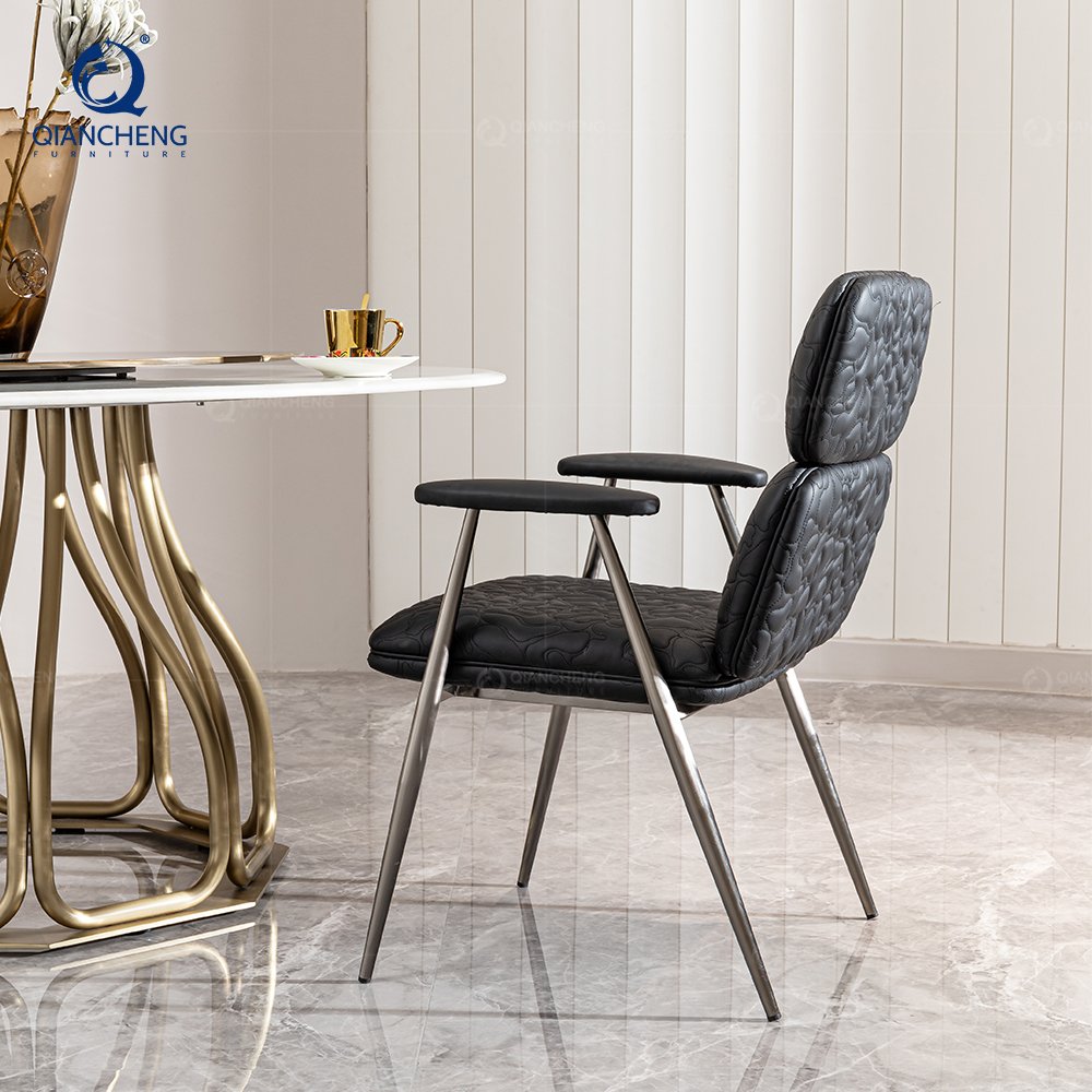 QIANCHENG chinese round rotating dining table set 6 chair dinning room set gold stainless steel french style luxury dining table