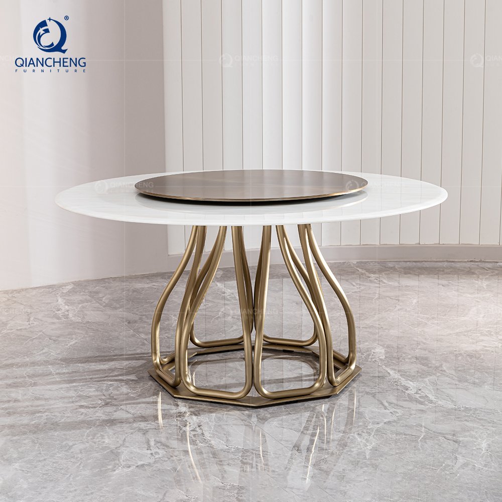 QIANCHENG chinese round rotating dining table set 6 chair dinning room set gold stainless steel french style luxury dining table