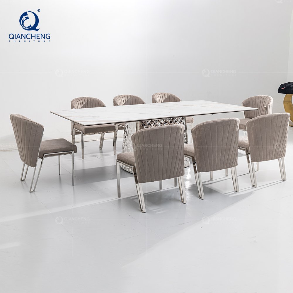 Dinner table set 6 chairs modern metal chinese traditional painted furniture hammered metal frame marble top dining table