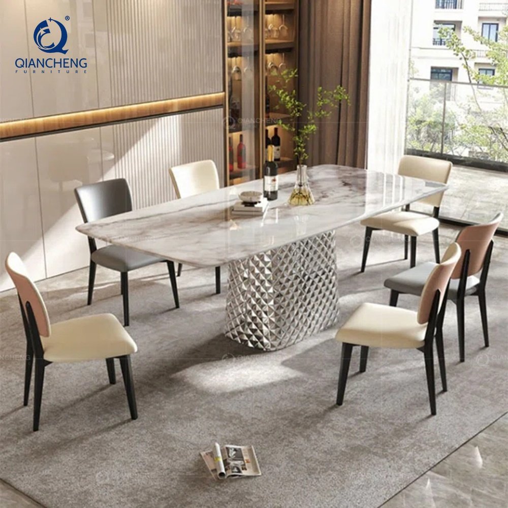 Dinner table set 6 chairs modern metal chinese traditional painted furniture hammered metal frame marble top dining table
