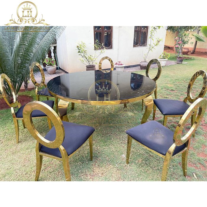 Event Furniture Elegant Golden Round Dining Table Glass Top Wedding Table For Events Party