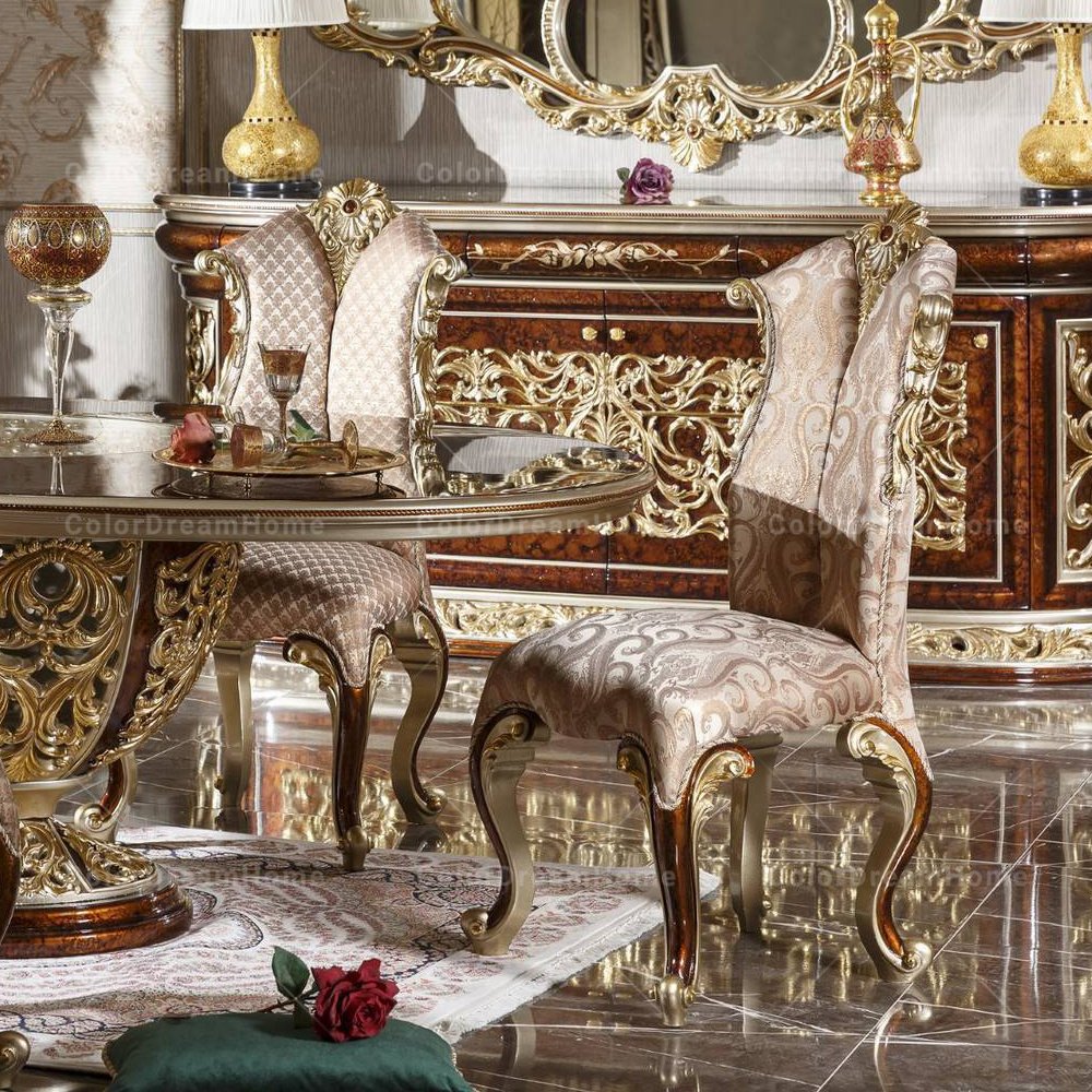 European Carved Rococo Dinning Sets Classic French Luxury Wood Table Glass Top Gold Royal Style Dining Table And Chair