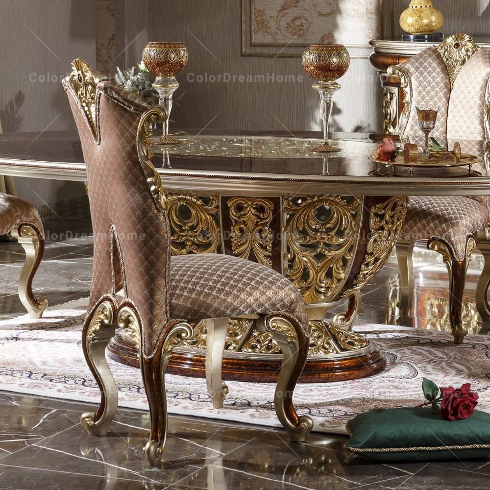 European Carved Rococo Dinning Sets Classic French Luxury Wood Table Glass Top Gold Royal Style Dining Table And Chair