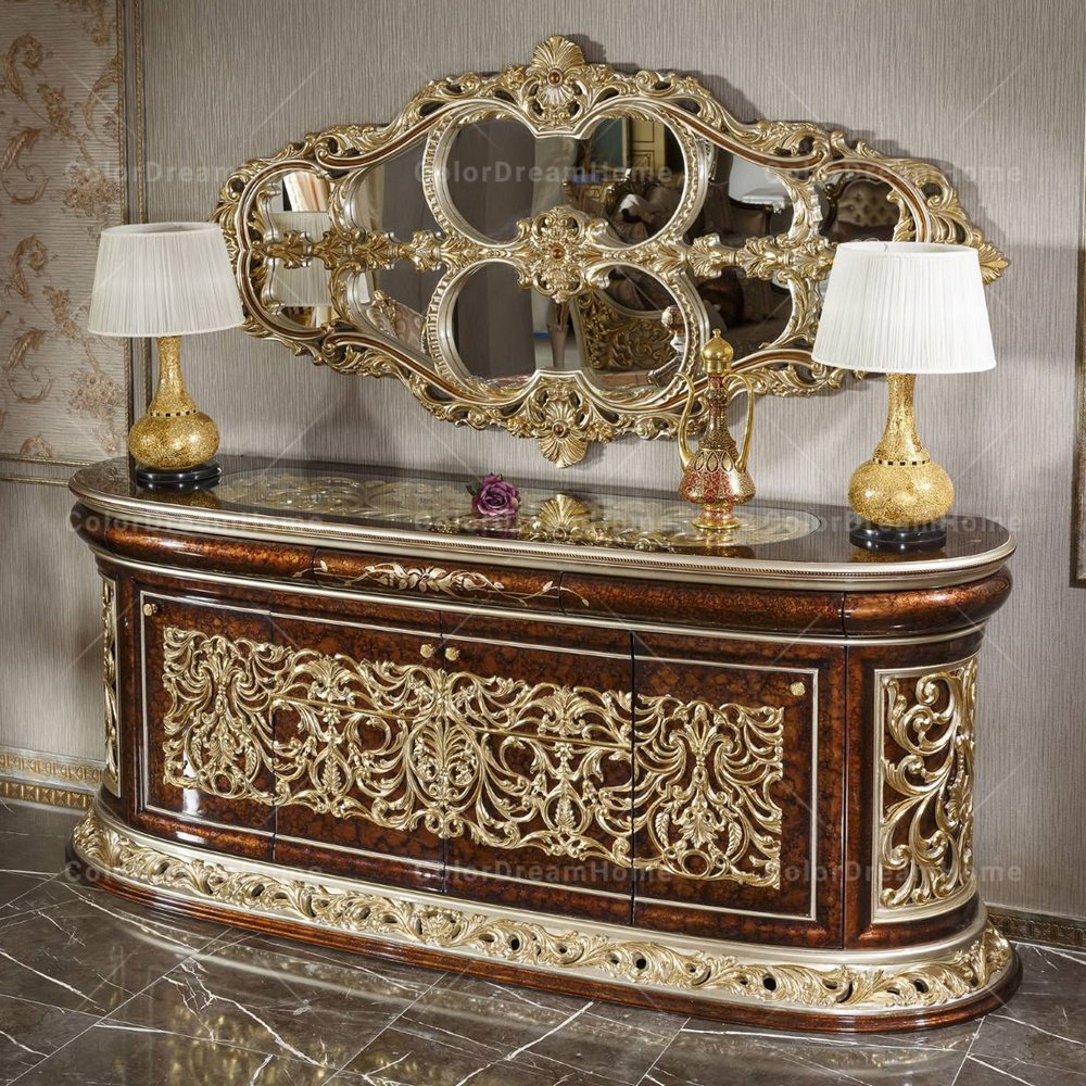 European Carved Rococo Dinning Sets Classic French Luxury Wood Table Glass Top Gold Royal Style Dining Table And Chair