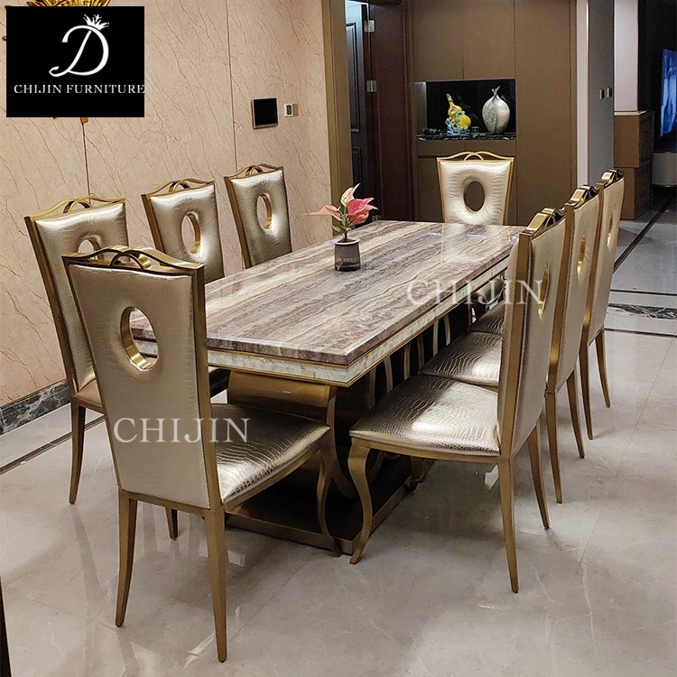 Modern Kitchen Table Set 4 Chairs Marble Stainless Steel Metal Legs Dining Table Set Furniture