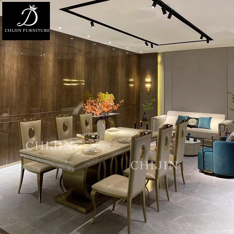 Modern Kitchen Table Set 4 Chairs Marble Stainless Steel Metal Legs Dining Table Set Furniture