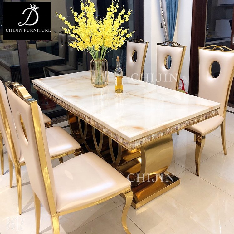 Modern Kitchen Table Set 4 Chairs Marble Stainless Steel Metal Legs Dining Table Set Furniture