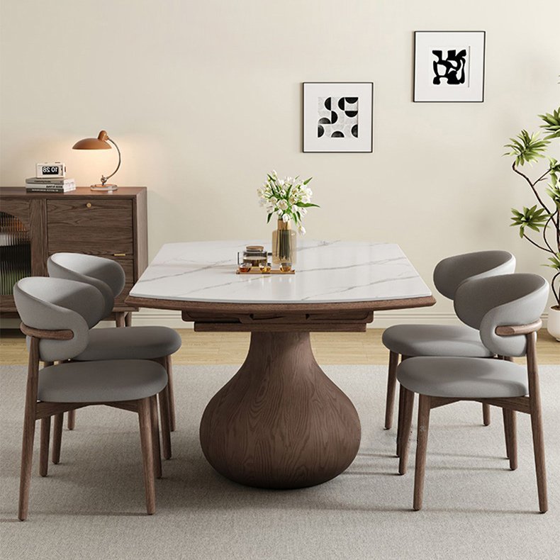Solid wood rock board dining table and chair combination retractable dual-purpose with induction cooker folding dining table