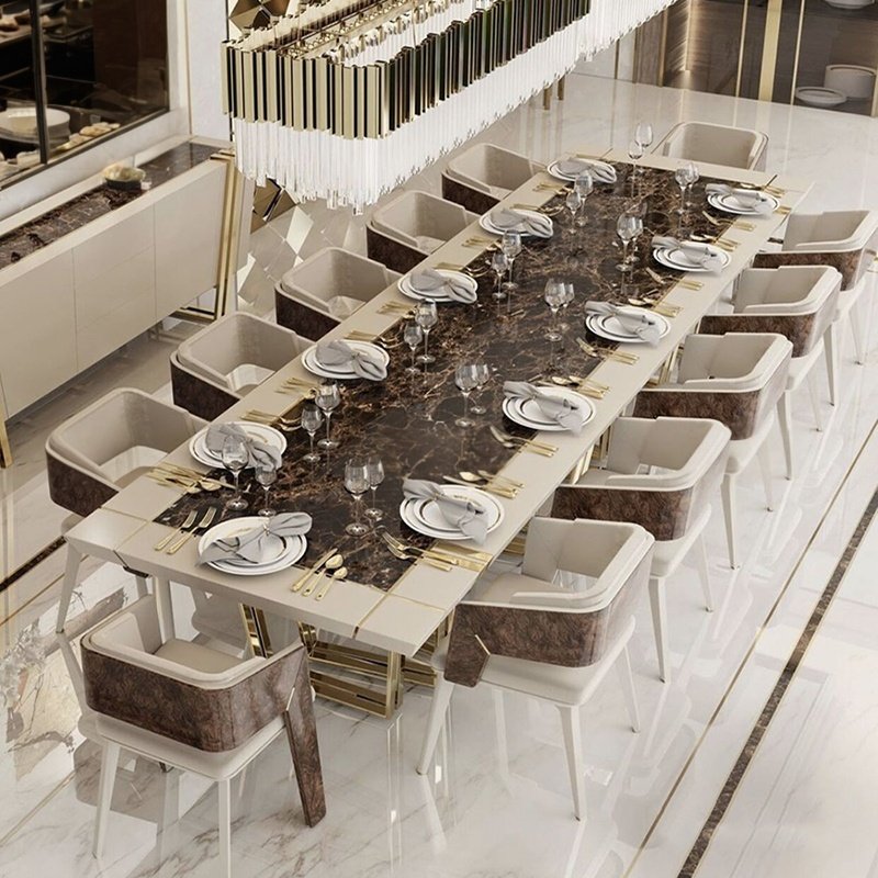 Modern wood marble top dining room sets 12 chairs table furniture luxury rectangle 12 seater dining table set