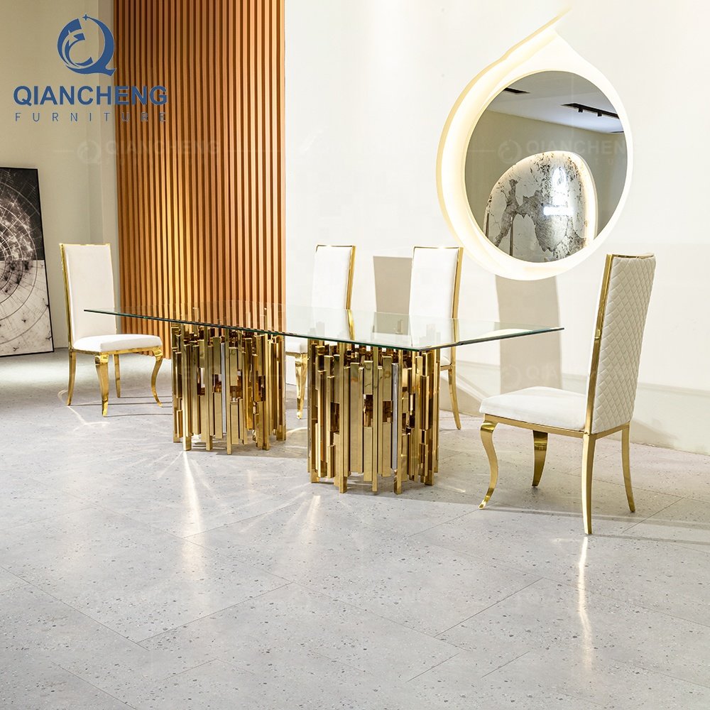 QIANCHENG 2023 popular designer luxury ss steel base canteen dining room restaurant furniture dinning table and chair set