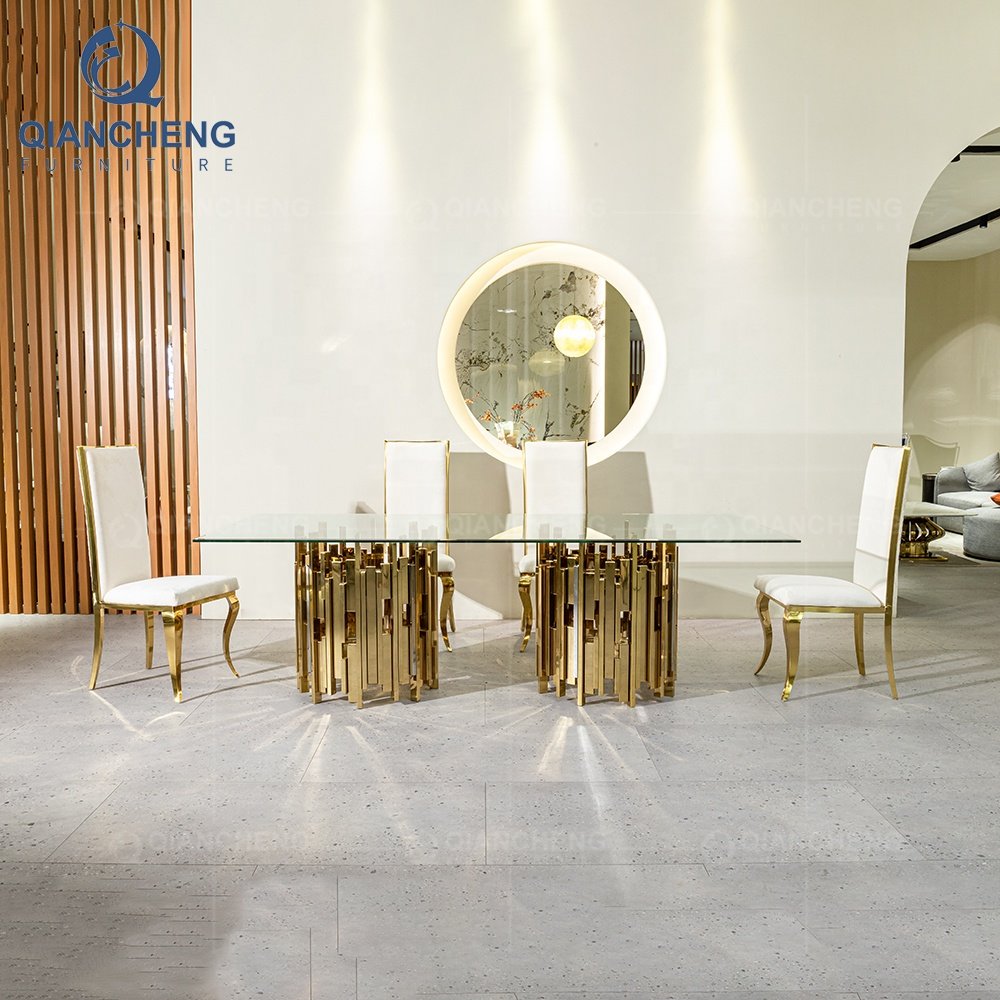 QIANCHENG 2023 popular designer luxury ss steel base canteen dining room restaurant furniture dinning table and chair set
