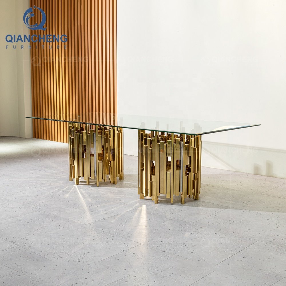 QIANCHENG 2023 popular designer luxury ss steel base canteen dining room restaurant furniture dinning table and chair set