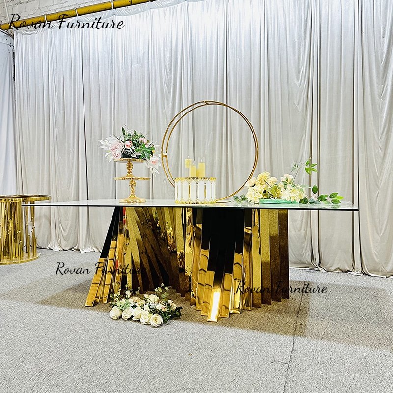 Luxury latest design gold stainless steel wedding decoration dining table set for event used