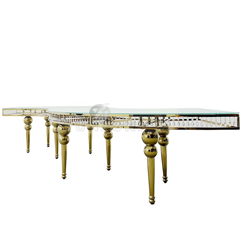 Luxury Gold Half-Moon Clear Crystal Cake Table Modern Banquet Furniture for Weddings Dining Hotels and Outdoor Use