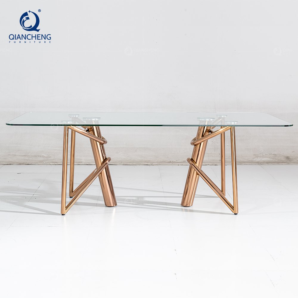Modern Living Room Gold Stainless Steel Dining Table Rectangular Customized Clear Glass Dining Table For Sale