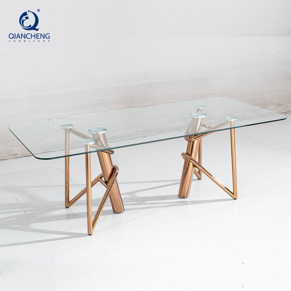 Modern Living Room Gold Stainless Steel Dining Table Rectangular Customized Clear Glass Dining Table For Sale