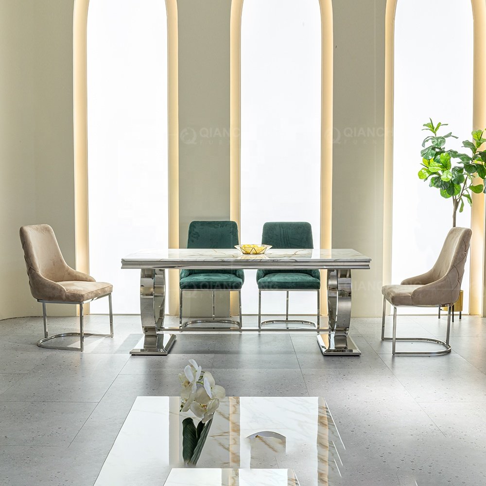 Modern Living Room Gold Stainless Steel Dining Table Rectangular Customized Clear Glass Dining Table For Sale