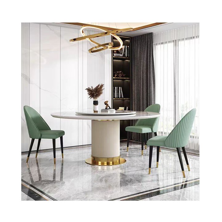 Modern Turntable Design Metal Stainless Steel Base White Round Marble Dining Table for Home Dining Room Furniture