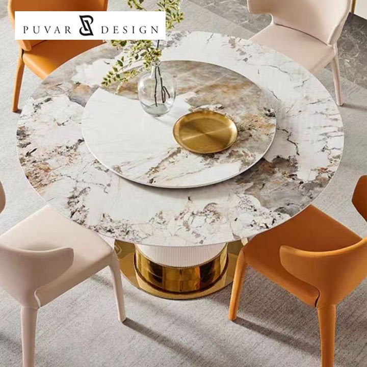 Modern Turntable Design Metal Stainless Steel Base White Round Marble Dining Table for Home Dining Room Furniture