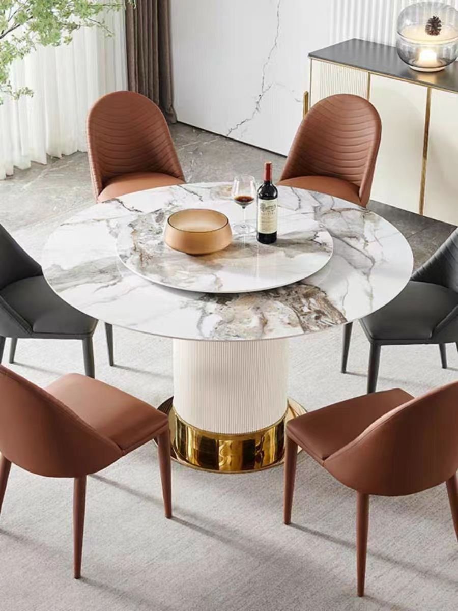 Modern Turntable Design Metal Stainless Steel Base White Round Marble Dining Table for Home Dining Room Furniture
